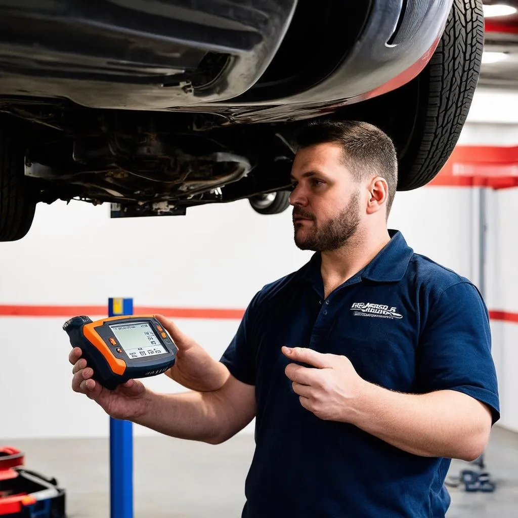 Mechanic using a diagnostic tool